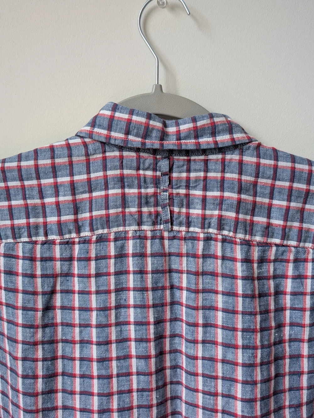 Banana Republic Linen Short Sleeve Shirt Mens L Blue Red White Plaid Camden Fit